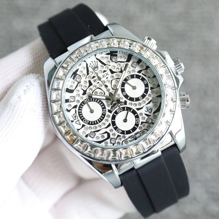 Rolex Watches Crystal-Bezel Chronograph-Style Watch with Black Rubber Strap image 2
