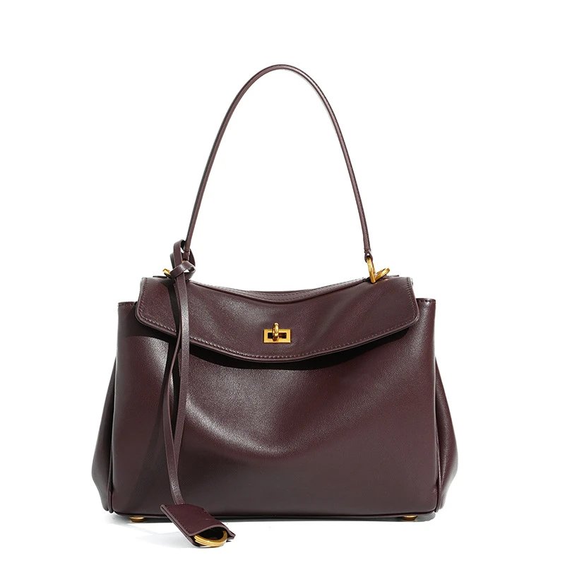 Unbranded Handbags Top-handle handbag with flap and turn-lock closure — Wine red large gold buckle (high quality cowhide)