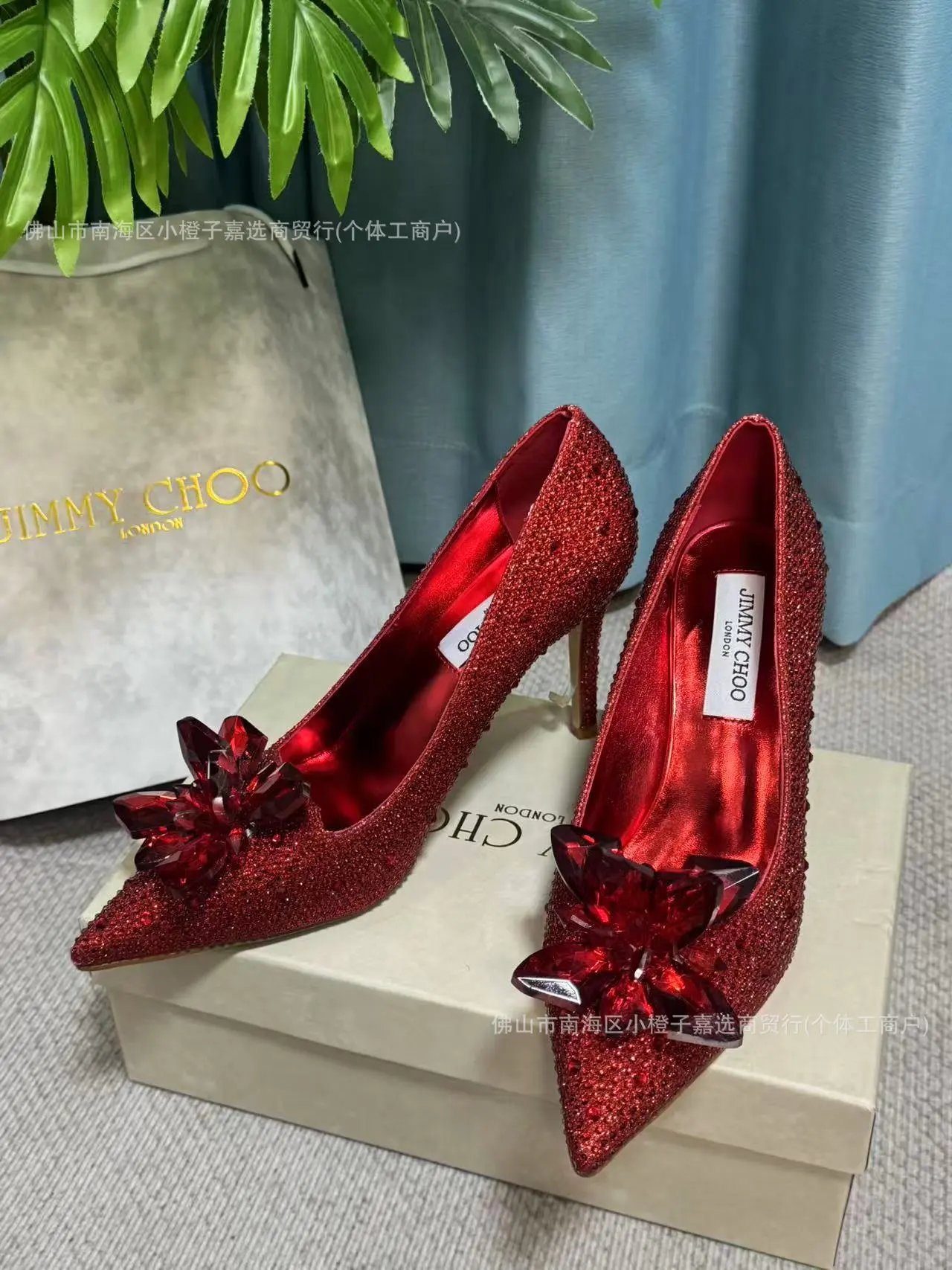 Jimmy Choo High Heels Pointed-Toe Crystal Flower Pumps — Wine red 7cm