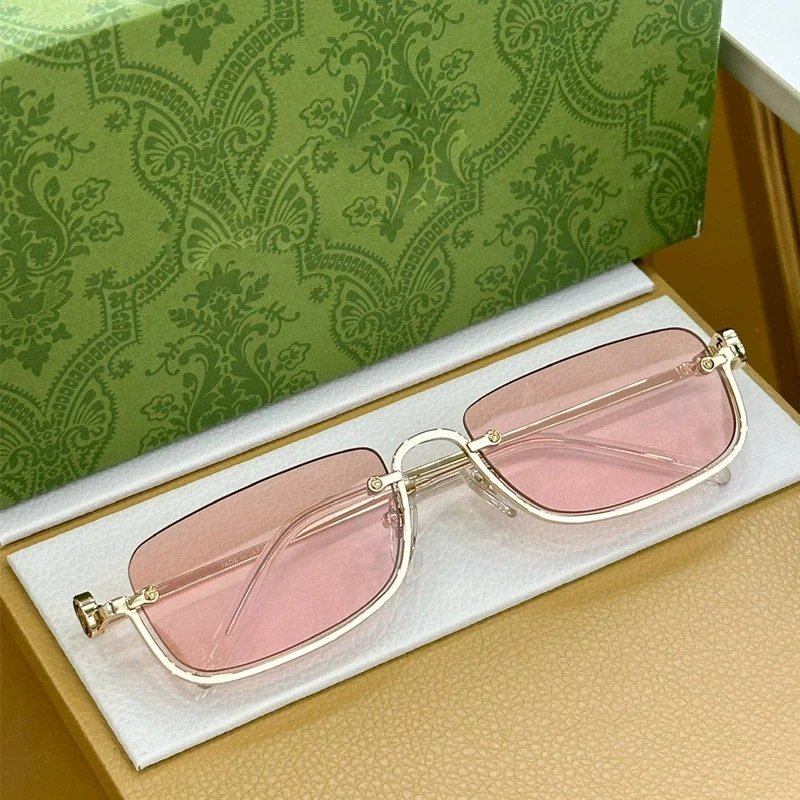 Gucci Eyewear Rectangular metal-frame sunglasses with GG-pattern lenses — Gold frame powder tablets (with original box)