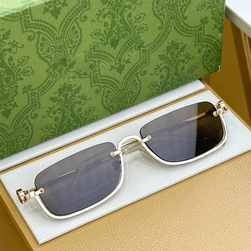 Gucci Eyewear Rectangular metal-frame sunglasses with GG-pattern lenses — Gold frame tea (with original box)