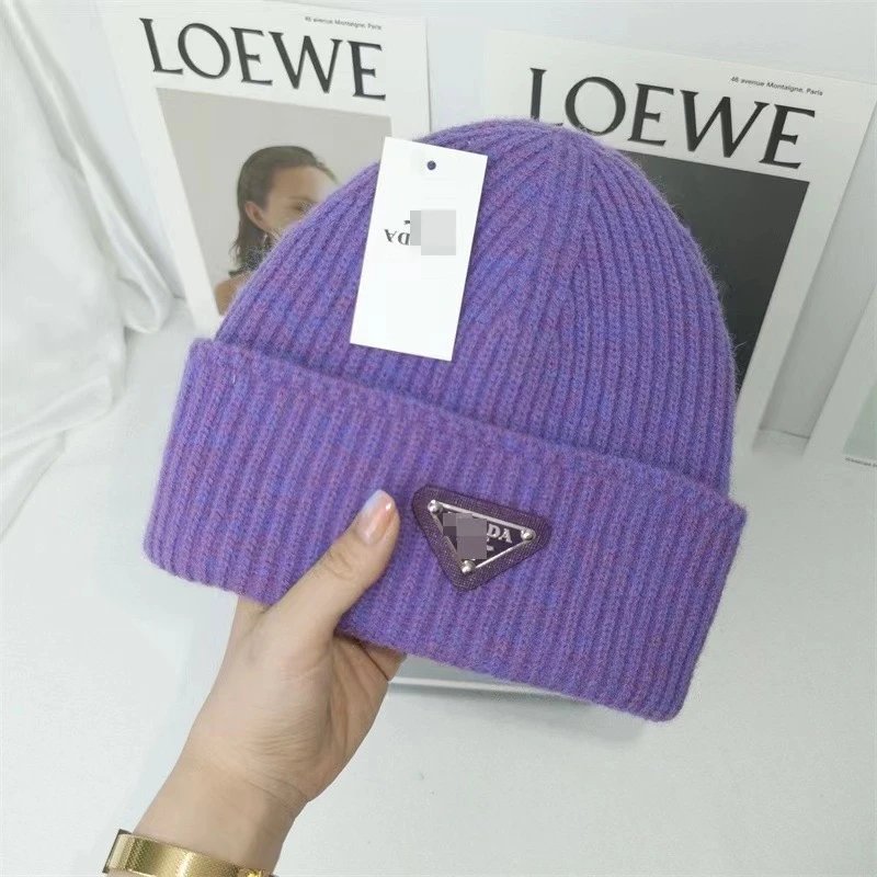 Prada Hats Ribbed Knit Beanie with Triangle Logo Plaque — Dark violet