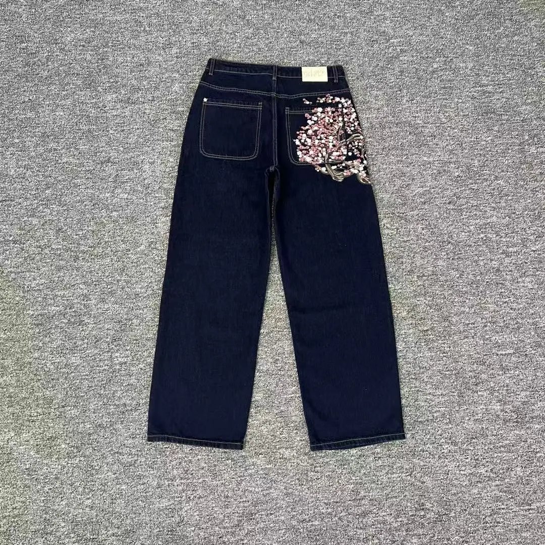Derschutze Jeans Wide-leg with embroidered graphic back pockets — derj-010 dark blue