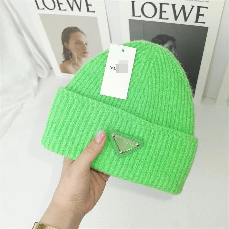 Prada Hats Ribbed Knit Beanie with Triangle Logo Plaque — Neon Green