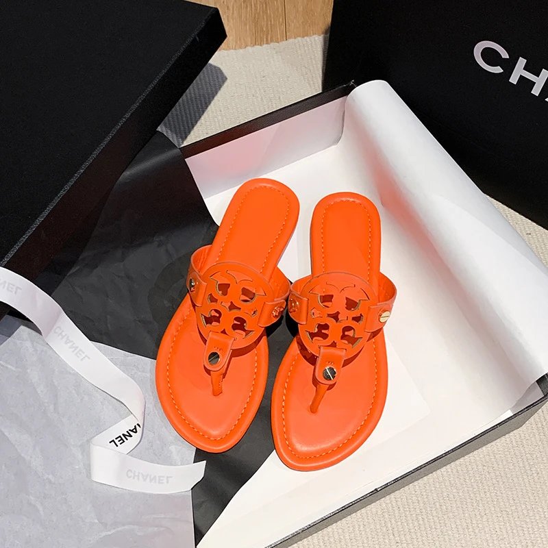 Tory Burch Sandals Double-T Logo Thong Flat — Orange