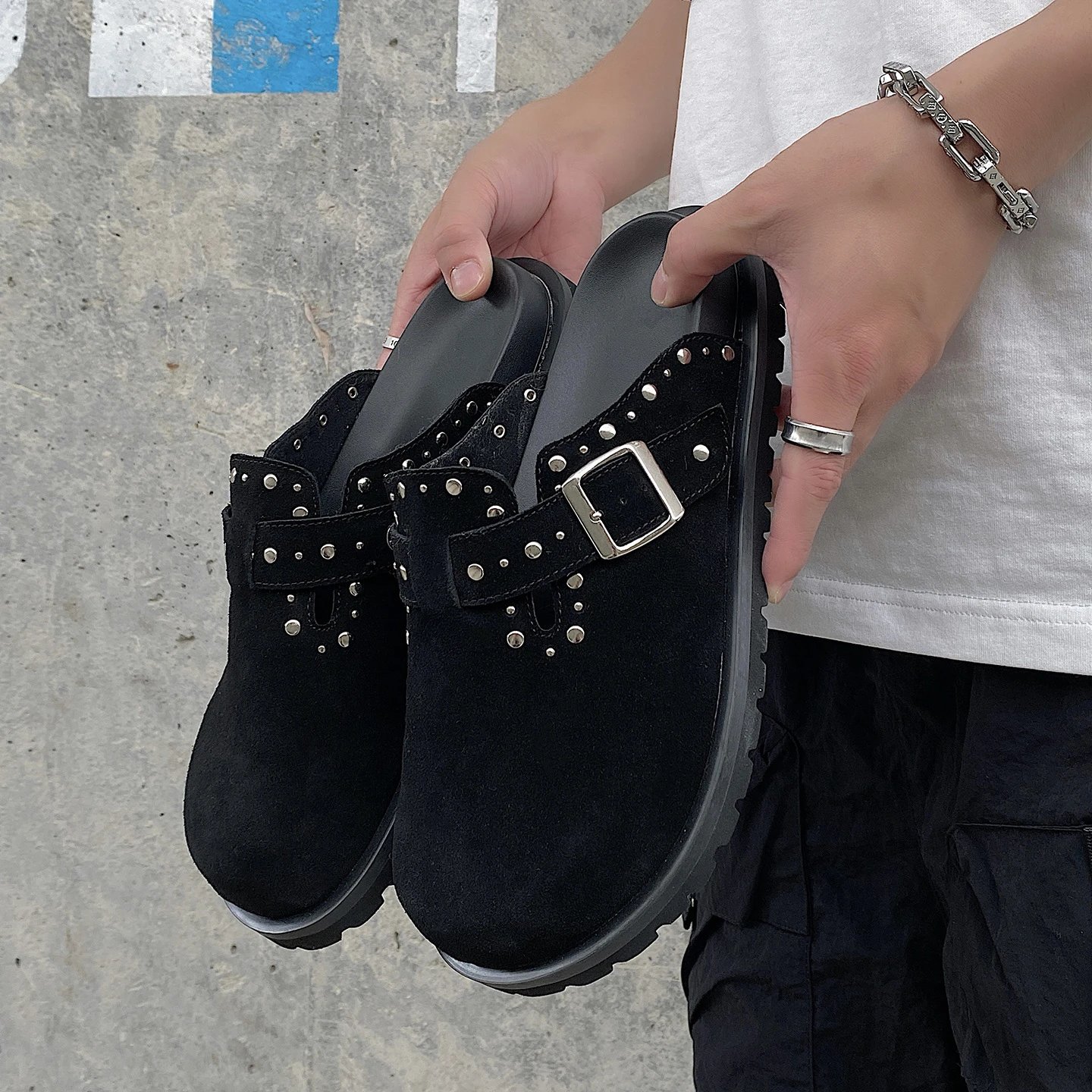 Unbranded Slippers Studded Buckle Mule Clogs — Black