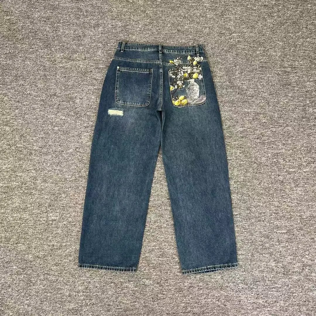Derschutze Jeans Wide-leg with embroidered graphic back pockets — derj-012 blue