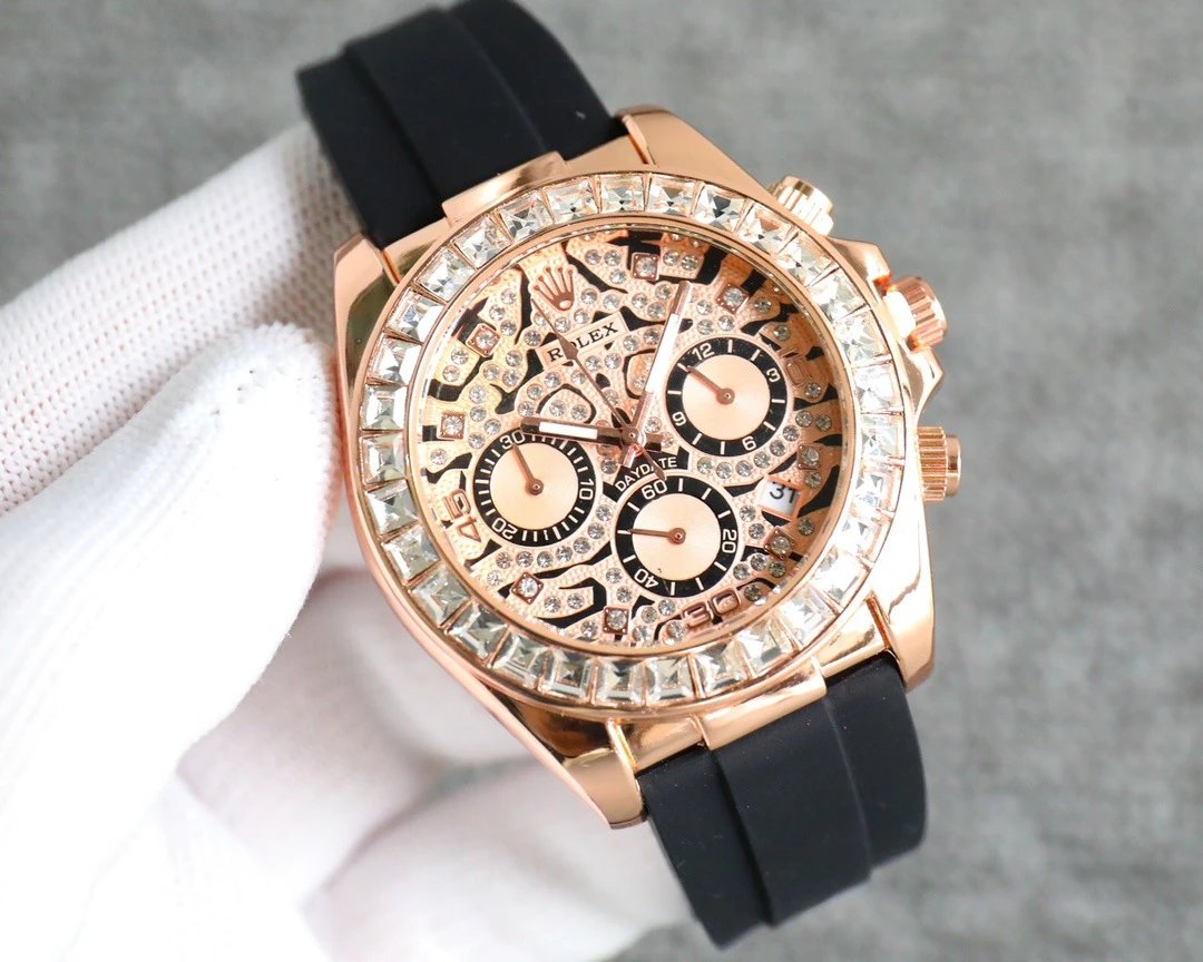 Rolex Watches Crystal-Bezel Chronograph-Style Watch with Black Rubber Strap — ty3