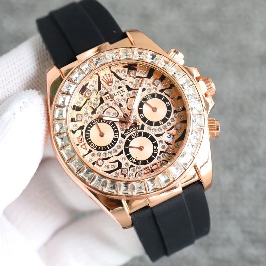 Rolex Watches Crystal-Bezel Chronograph-Style Watch with Black Rubber Strap image 4