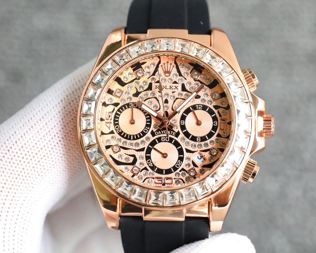 Rolex Watches Crystal-Bezel Chronograph-Style Watch with Black Rubber Strap — ty5