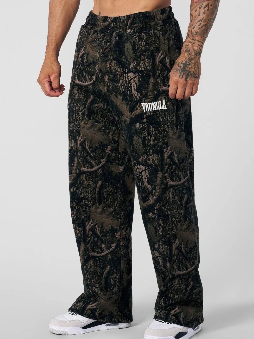 YoungLA Trousers Camouflage Print Elastic-Waist Sweatpants — Black