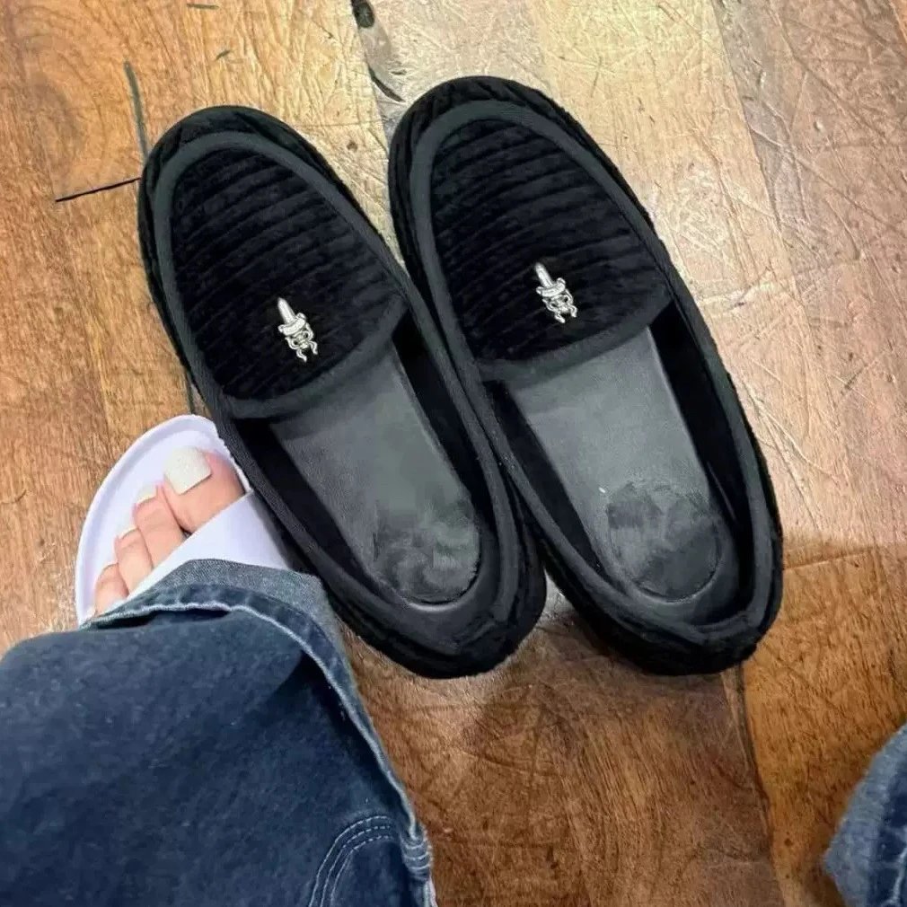 Unbranded Casual Shoes Ribbed Velvet Slip-On with Lip or Dagger Appliqué — black corduroy