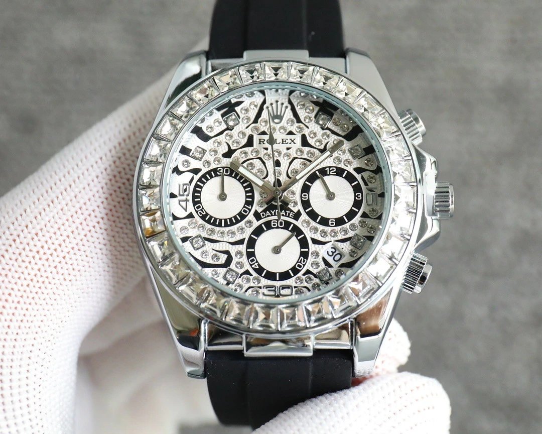 Rolex Watches Crystal-Bezel Chronograph-Style Watch with Black Rubber Strap — ty6