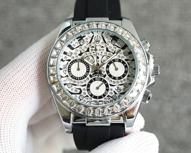 Rolex Watches Crystal-Bezel Chronograph-Style Watch with Black Rubber Strap product detail image 1
