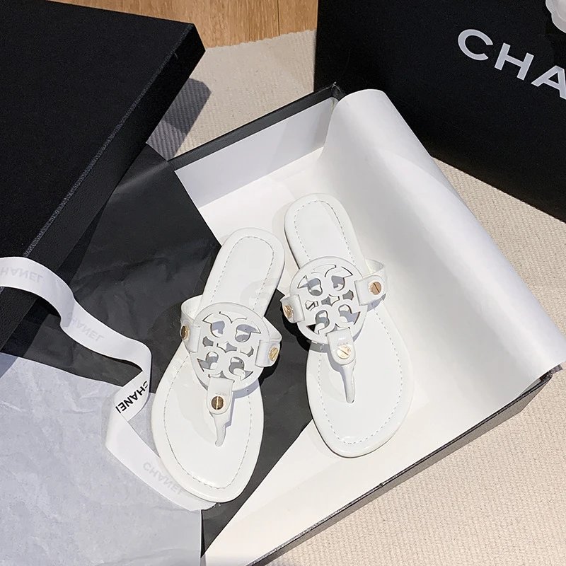 Tory Burch Sandals Double-T Logo Thong Flat — White gloss
