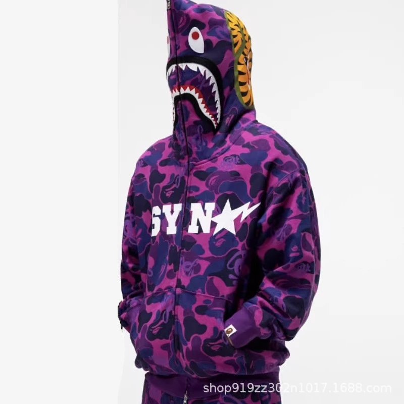 A Bathing Ape Hoodies & Sweatshirts Shark-hood full-zip hoodie with contrast stripe sleeves — 32