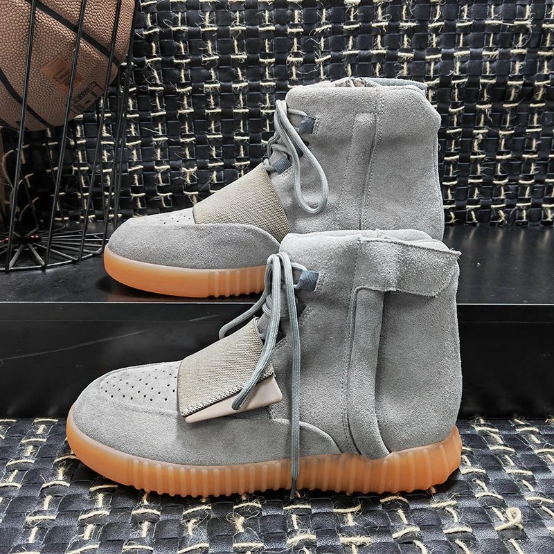 Unbranded Boots High-top suede lace-up with wide vamp strap and ribbed sole — Gray face, yellow background