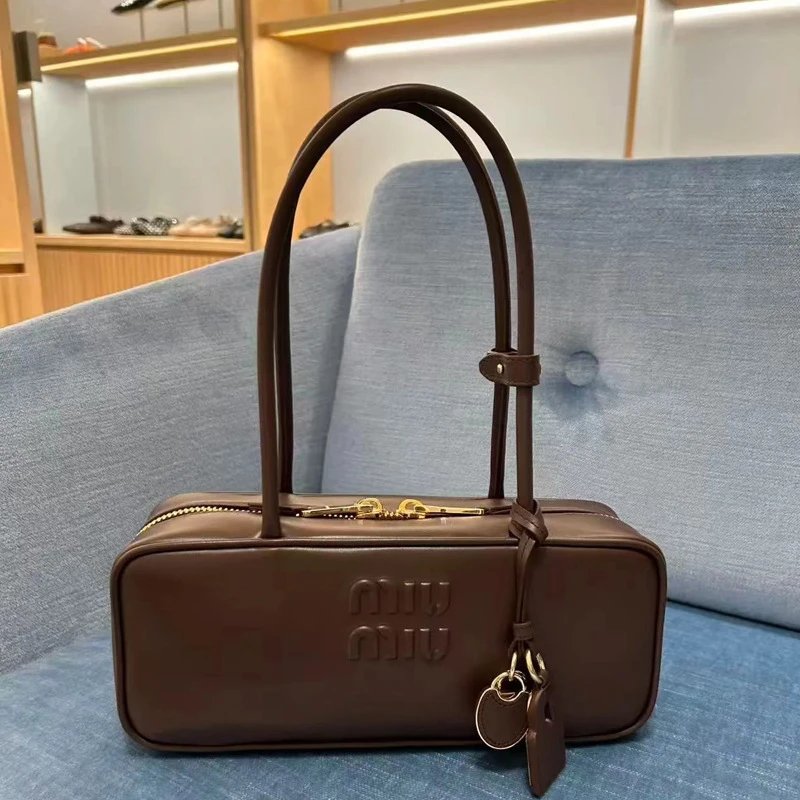 Miu Handbags Long-Handle Bowling Bag with Padlock Charms — Coffee color