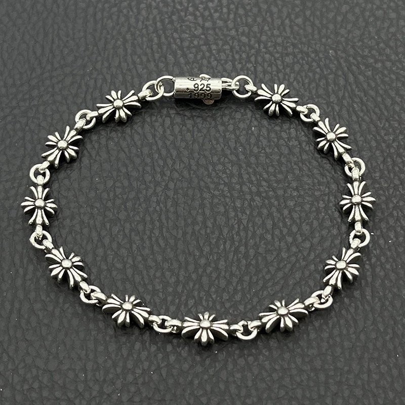 Chrome Hearts Jewelry 925 Silver Chain Bracelet with Cross and Floral Motifs — e Cross bracelet