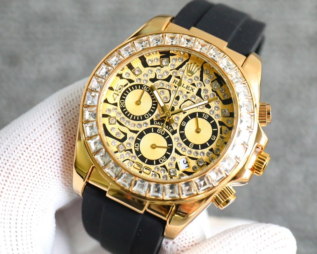 Rolex Watches Crystal-Bezel Chronograph-Style Watch with Black Rubber Strap — ty4