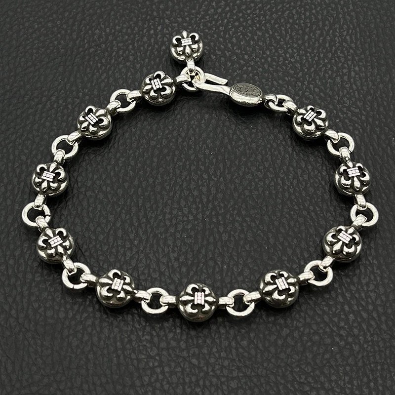 Chrome Hearts Jewelry 925 Silver Chain Bracelet with Cross and Floral Motifs — Boy Scout Flower Ball Chain