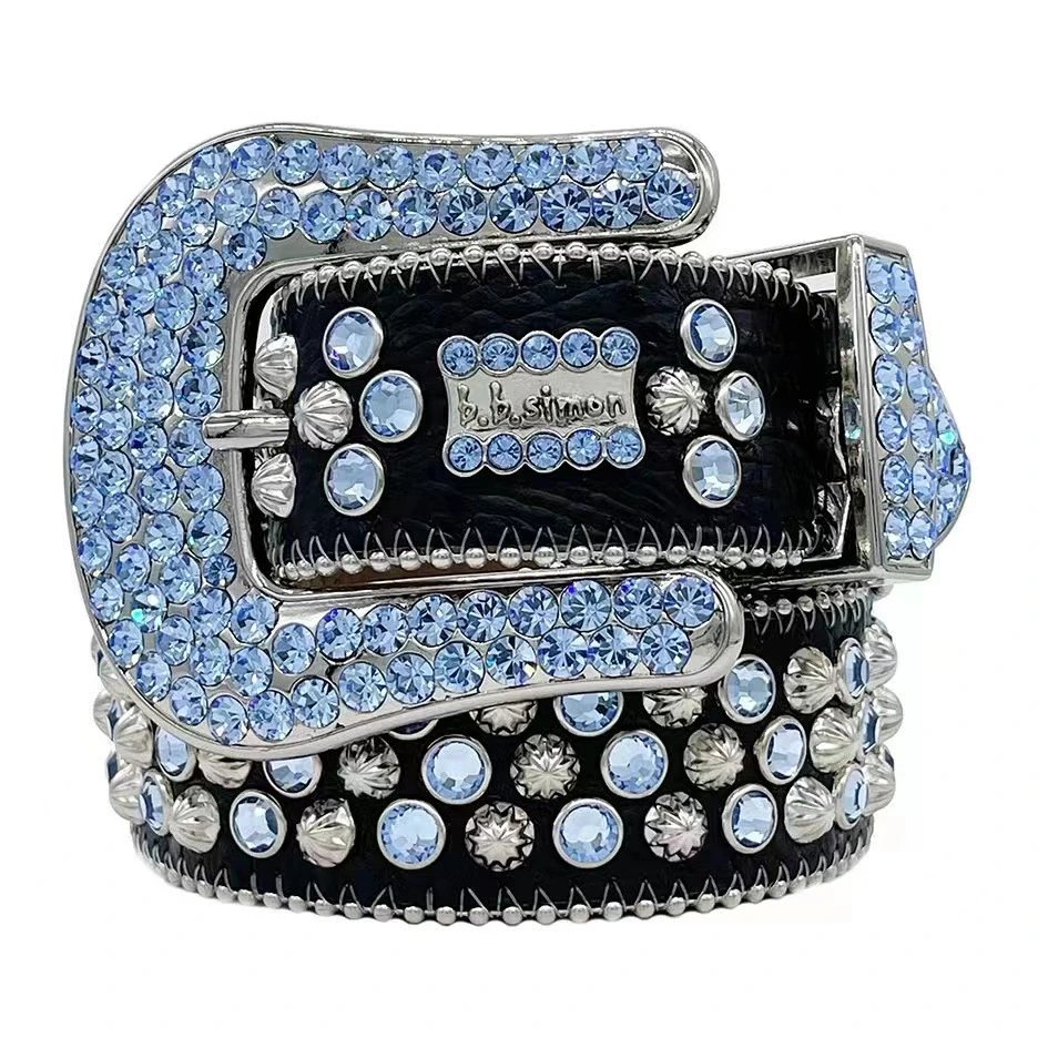b.b. Simon Belts Rhinestone-studded belt with oversized buckle — Light blue