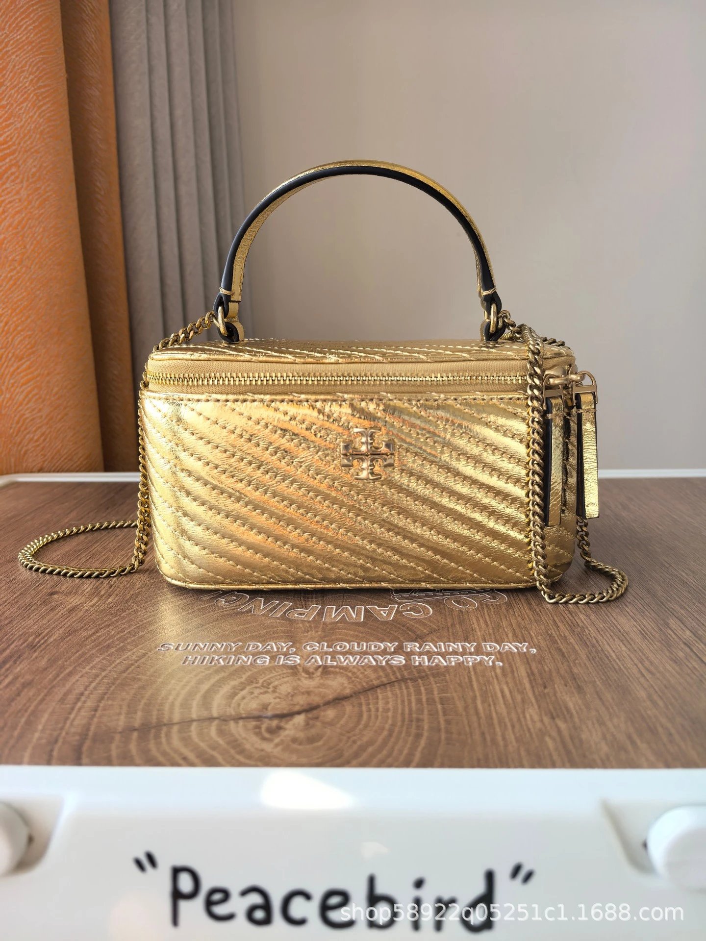 Tory Burch Crossbody Bags Quilted top-handle chain bag with double-zip closure — Golden