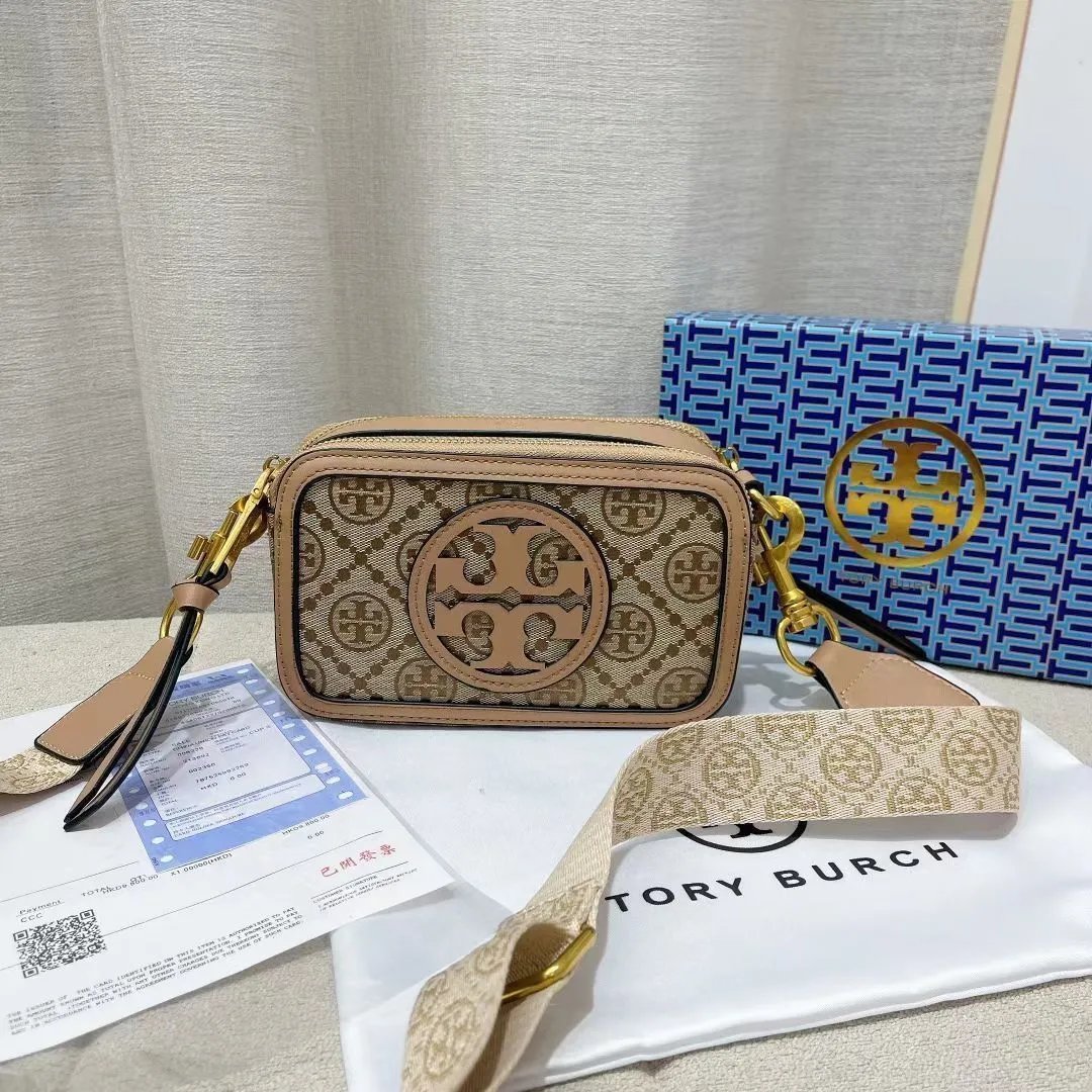 Tory Burch Crossbody Bags Small double-zip logo camera bag with adjustable wide strap — Apricot color