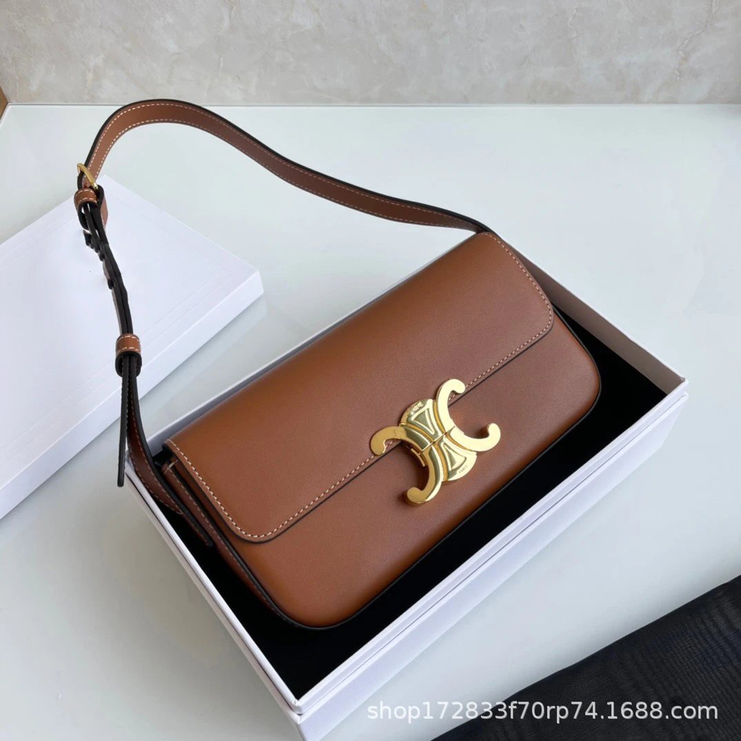 CELINE Shoulder Bags Triomphe flap bag — Plain Brown (with extended shoulder strap for sling)