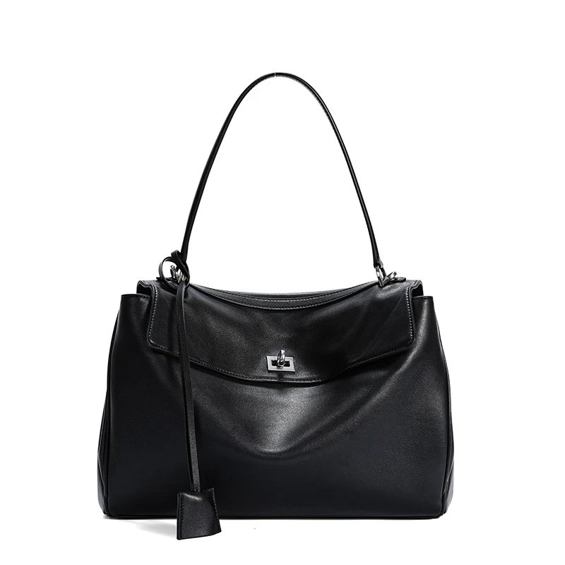 Unbranded Handbags Top-handle handbag with flap and turn-lock closure — Large Black Silver (Premium Cowhide)