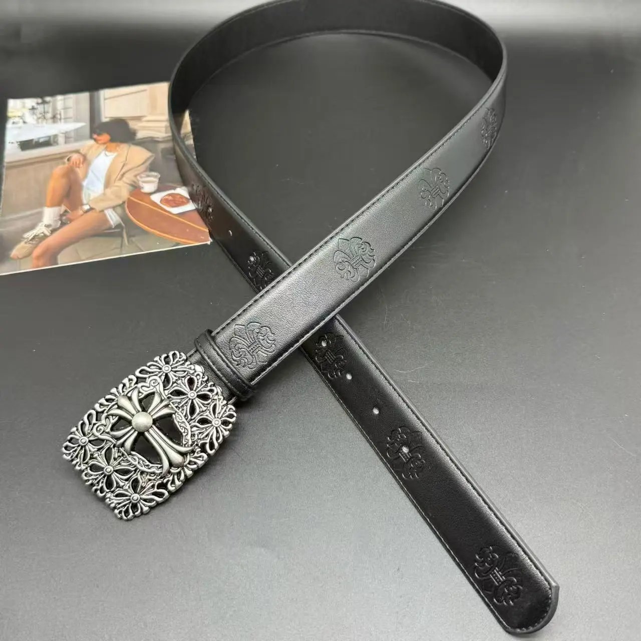 Unbranded Belts Embossed Cross Pattern with Ornamental Buckle — Square cross