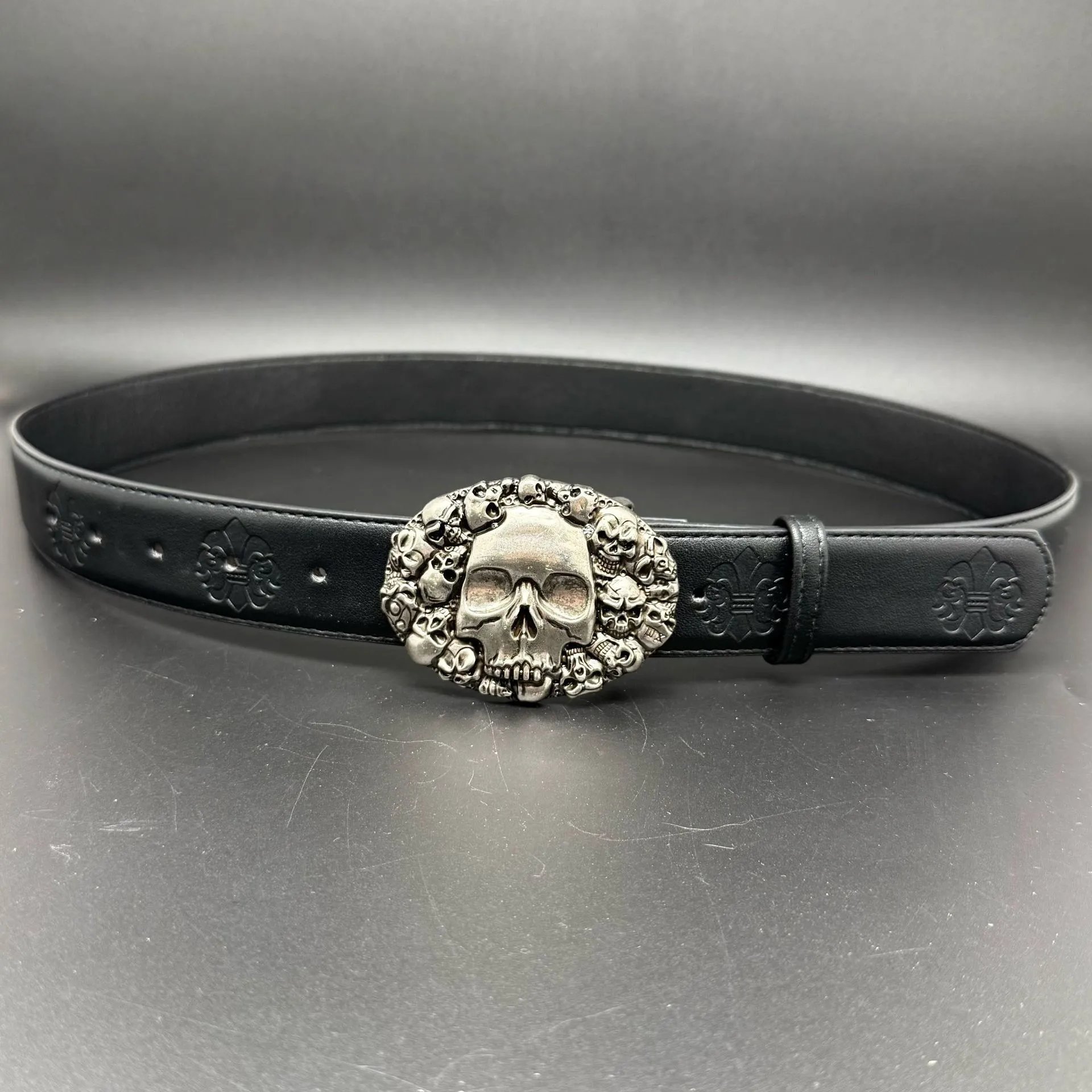Unbranded Belts Embossed Cross Pattern with Ornamental Buckle — Oval skull
