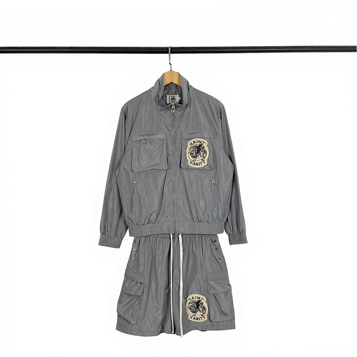 Saint Vanity Shorts Drawstring with embroidered patch and side rivets — TD8341 Gray (One Set)