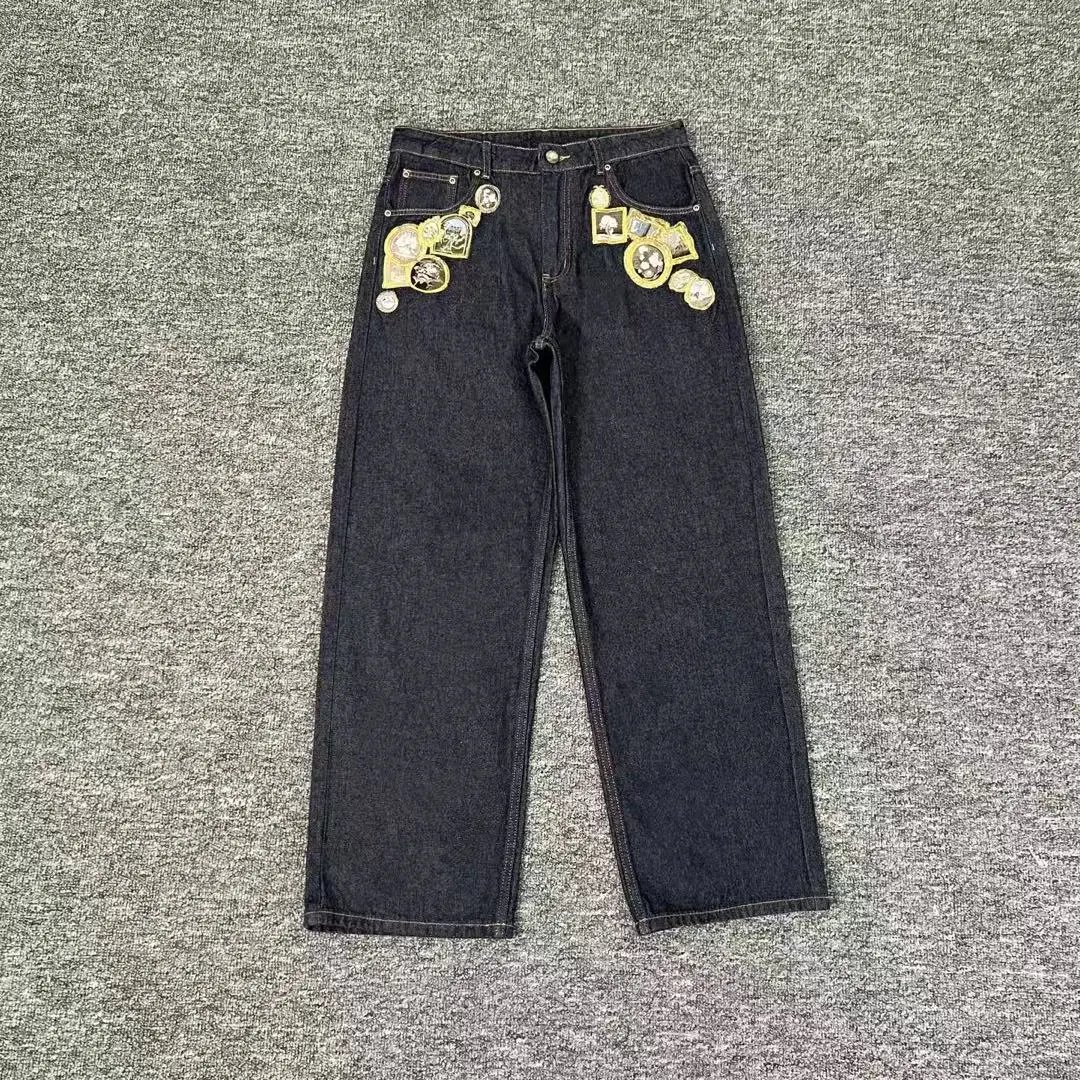 Derschutze Jeans Wide-leg with embroidered graphic back pockets — derj-009 black