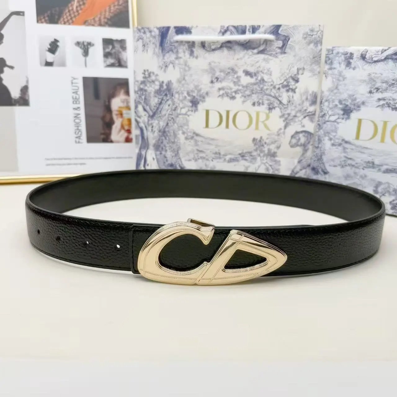 Dior Belts CD Buckle Pebbled Leather Belt — 3.8 Litchi gold buckle