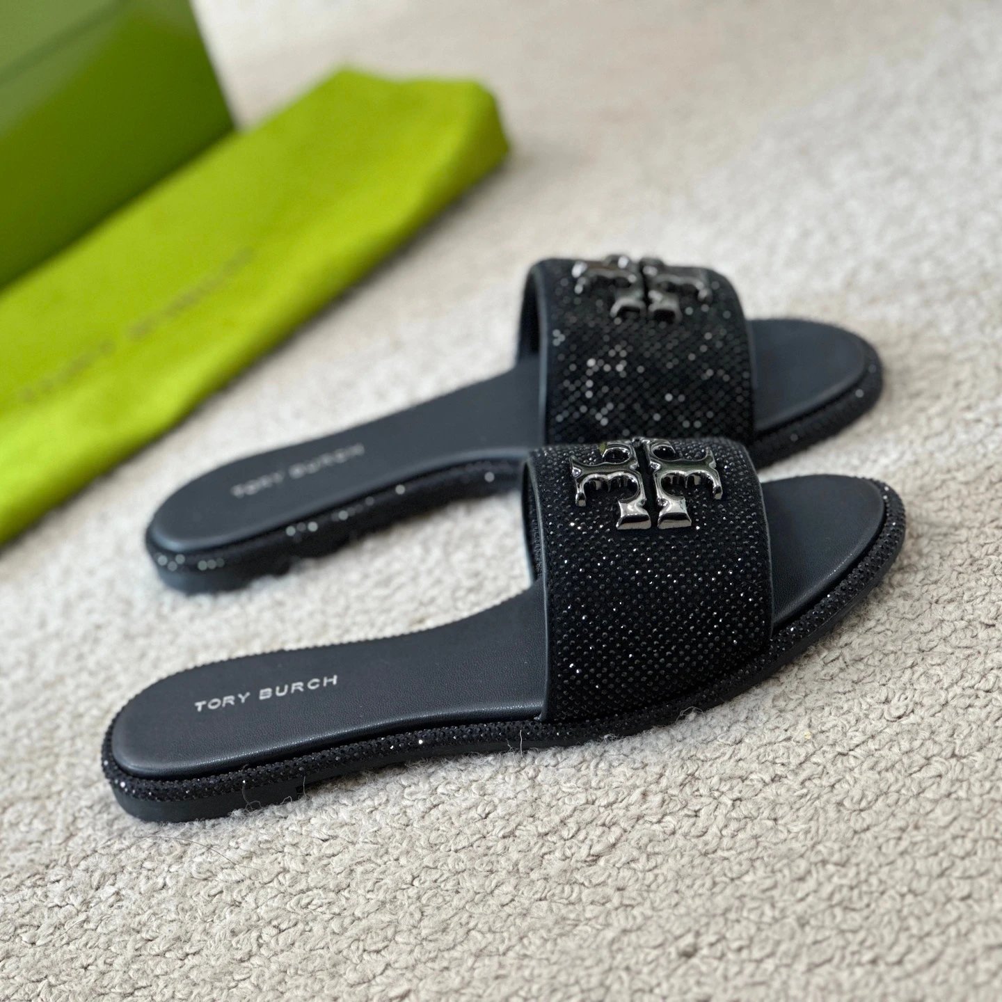 Tory Burch Sandals Rhinestone slide with Double T logo hardware — Black