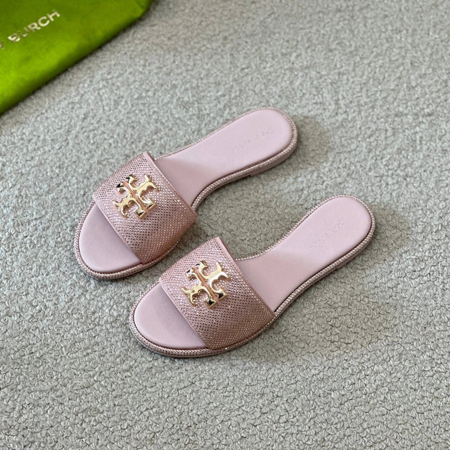 Tory Burch Sandals Rhinestone slide with Double T logo hardware — Pink