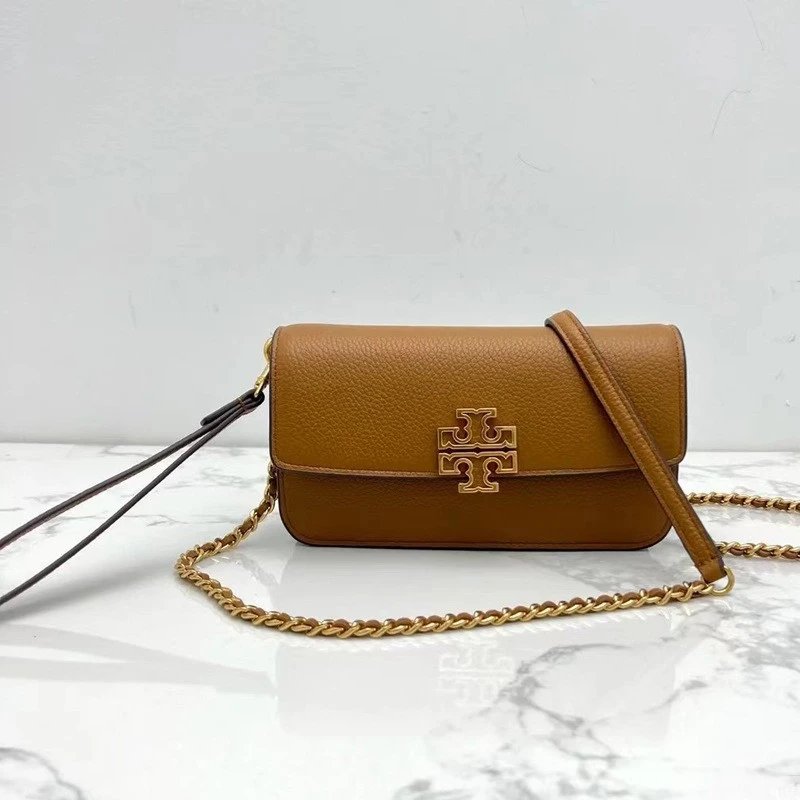 Tory Burch Crossbody Bags Small pebbled-leather flap bag with chain strap and Double T logo — Brown-Gift Box Packaging