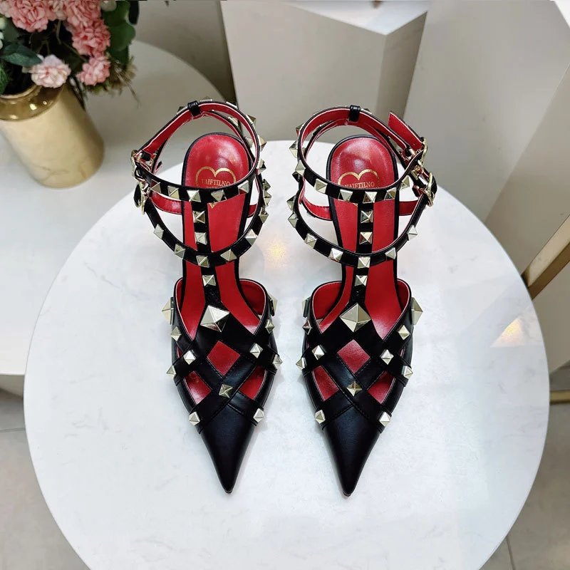Valentino Garavani Sandals Rockstud pointed-toe caged ankle-strap high-heel — Black 6cm