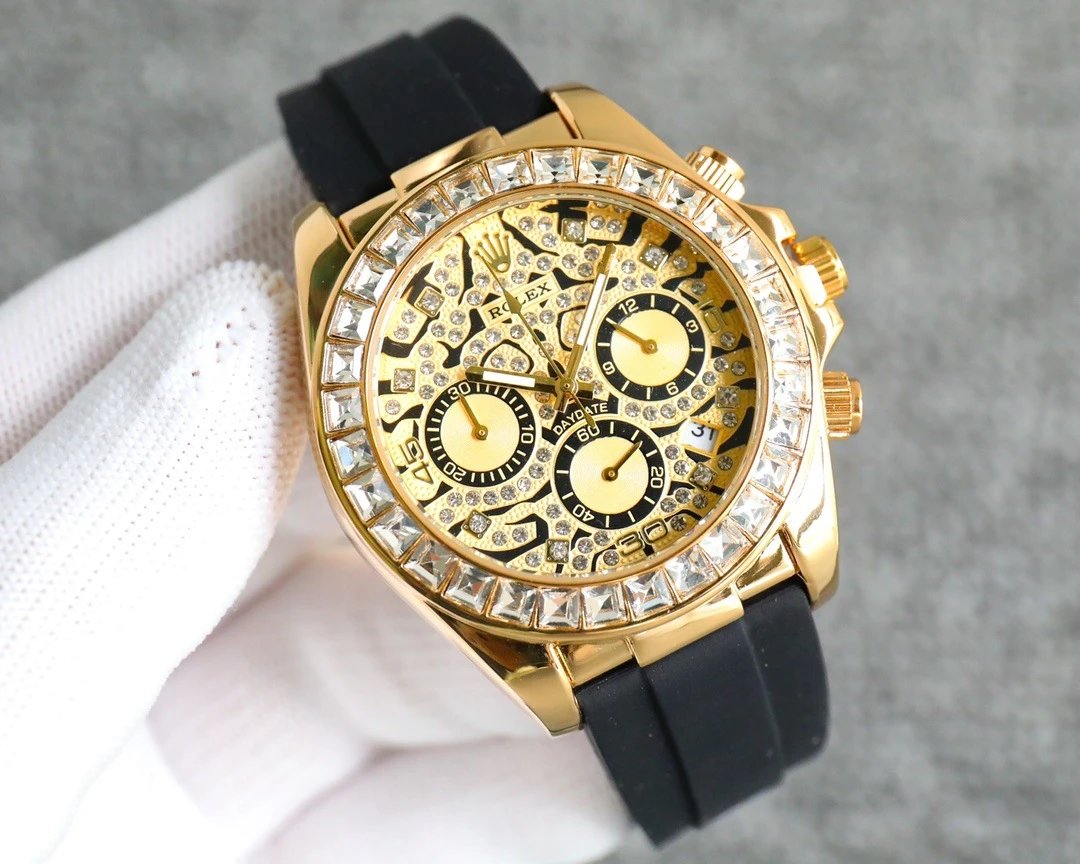 Rolex Watches Crystal-Bezel Chronograph-Style Watch with Black Rubber Strap — ty1