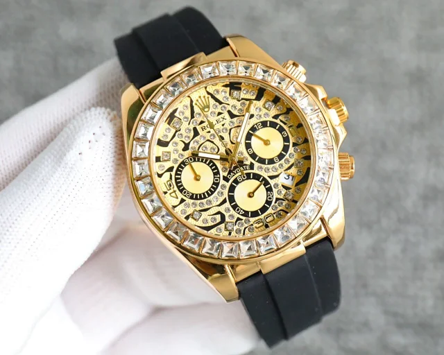 Rolex Watches Crystal-Bezel Chronograph-Style Watch with Black Rubber Strap product detail image 2