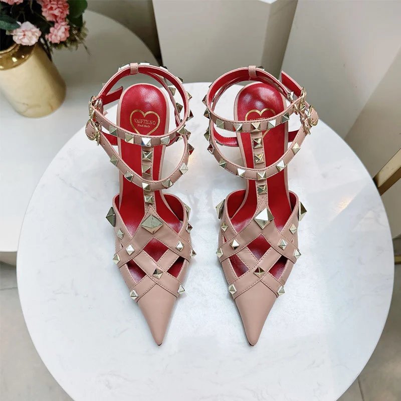 Valentino Garavani Sandals Rockstud pointed-toe caged ankle-strap high-heel — Nude pink 6cm