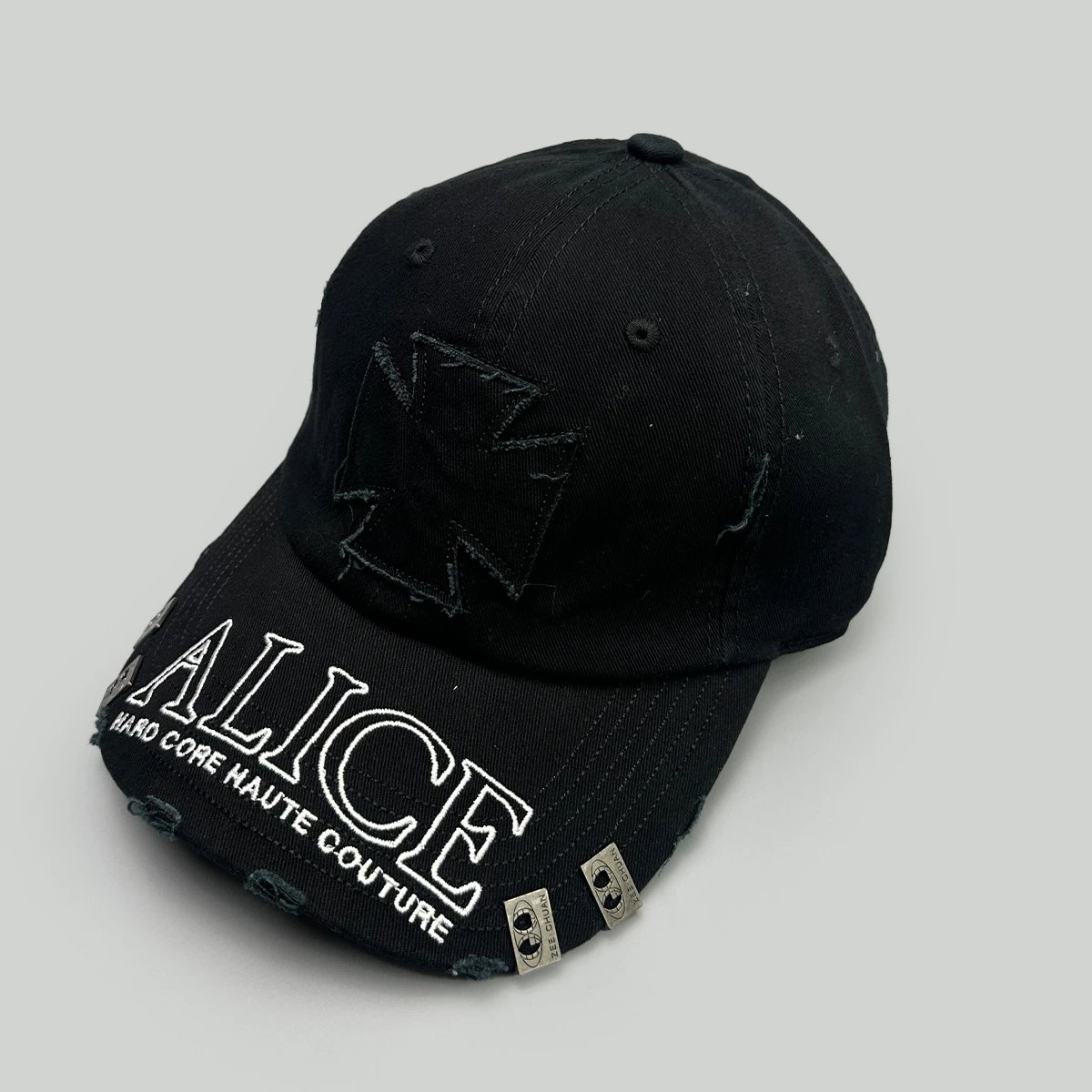 ALICE Hats Embroidered Distressed Baseball Cap with Metal Rivets — Black (white ALICE)