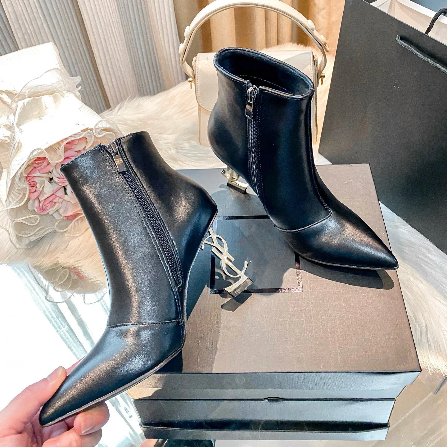 Saint Laurent Boots Pointed-Toe Ankle with Logo Heel image 4