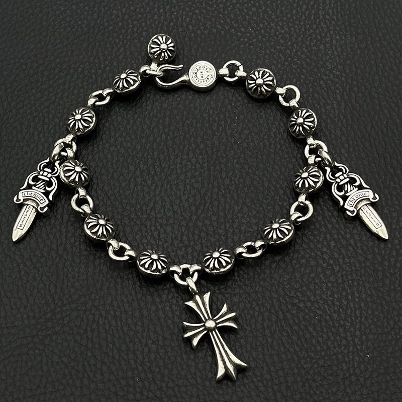 Chrome Hearts Jewelry 925 Silver Chain Bracelet with Cross and Floral Motifs — Cross Flower Ball Three Pendant Chain