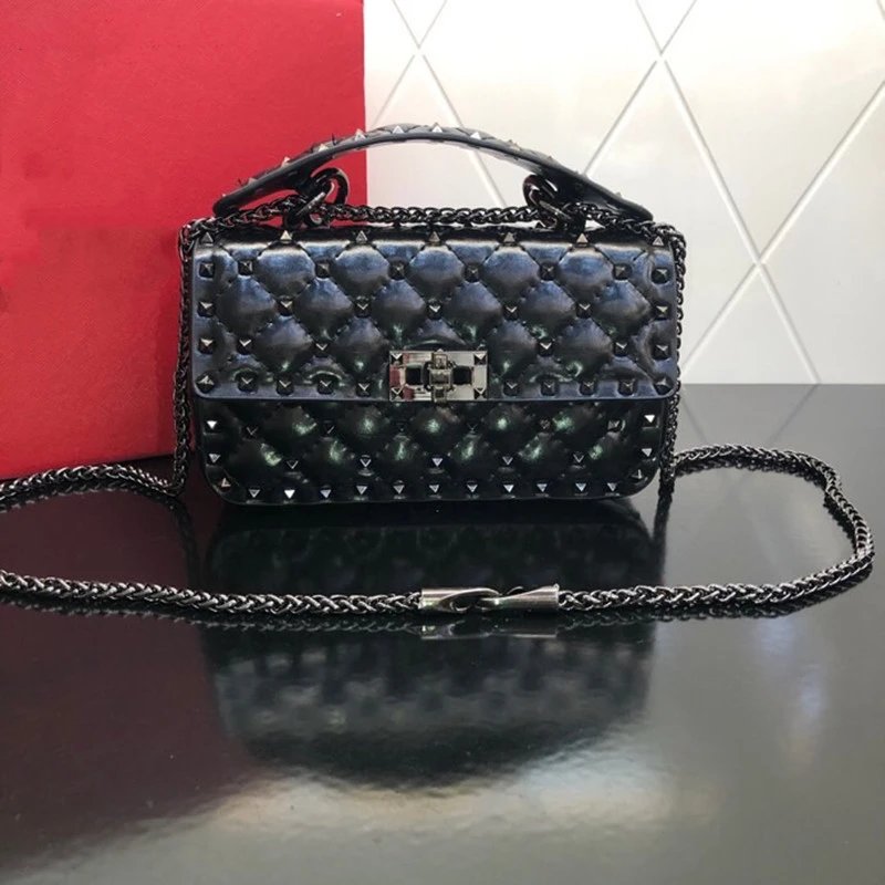 Unbranded Crossbody Bags Quilted Studded Chain Bag — Oil wax leather black