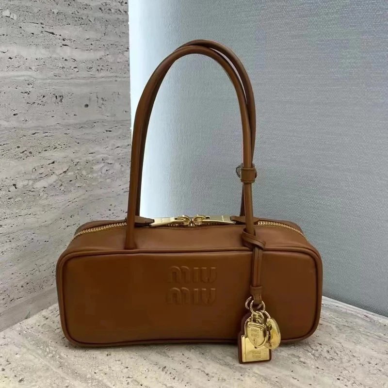 Miu Handbags Long-Handle Bowling Bag with Padlock Charms — Brown