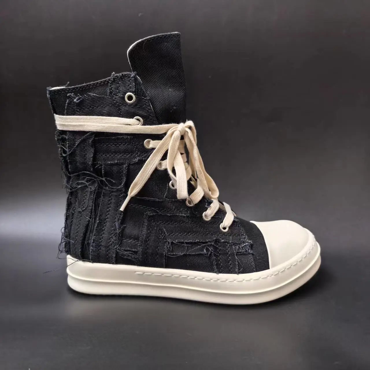 Unbranded Sneakers High-Top Distressed Canvas Lace-Up with Side Zipper — Black and white high-top