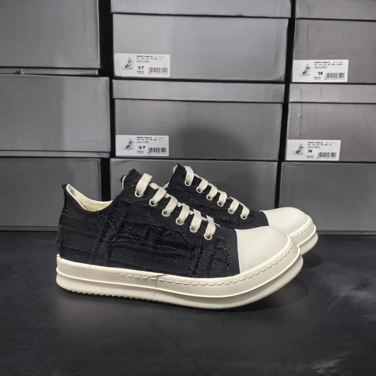 Unbranded Sneakers High-Top Distressed Canvas Lace-Up with Side Zipper — Black and white low-top