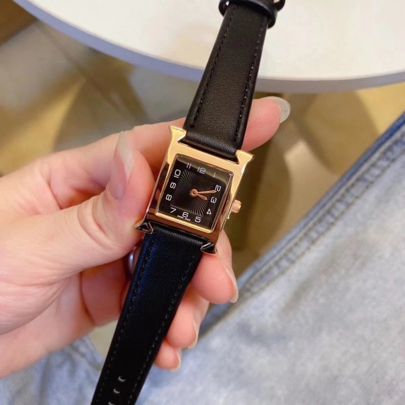 Unbranded Watches Square H-shaped case analog watch with stitched strap — Black
